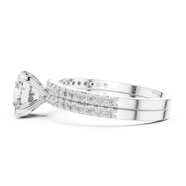 Side Profile: Round Brilliant Diamond Solitaire Engagement Ring with Double-Row Micro-Pavé Band in 18K White Gold – Lab Grown – Driona Jewels