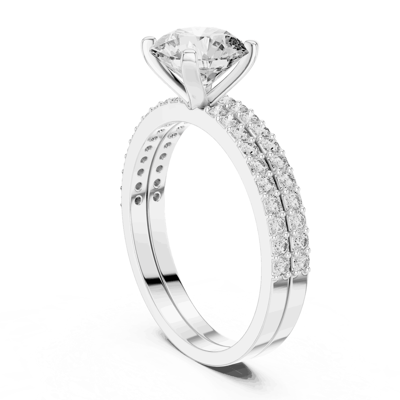 Three-Quarter View: Round Brilliant Diamond Solitaire Engagement Ring with Double-Row Micro-Pavé Band in 18K White Gold – Lab Grown – Driona Jewels