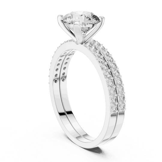 Three-Quarter View: Round Brilliant Diamond Solitaire Engagement Ring with Double-Row Micro-Pavé Band in 18K White Gold – Lab Grown – Driona Jewels