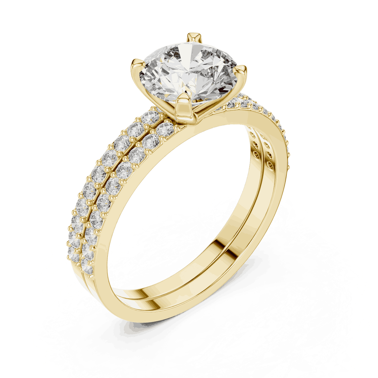 Angle View: Round Brilliant Diamond Solitaire Engagement Ring with Double-Row Micro-Pavé Band in 18K Yellow Gold – Lab Grown – Driona Jewels