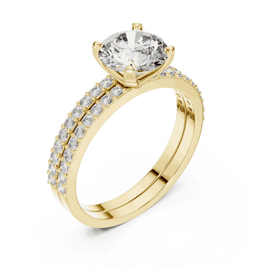 Angle View: Round Brilliant Diamond Solitaire Engagement Ring with Double-Row Micro-Pavé Band in 18K Yellow Gold – Lab Grown – Driona Jewels