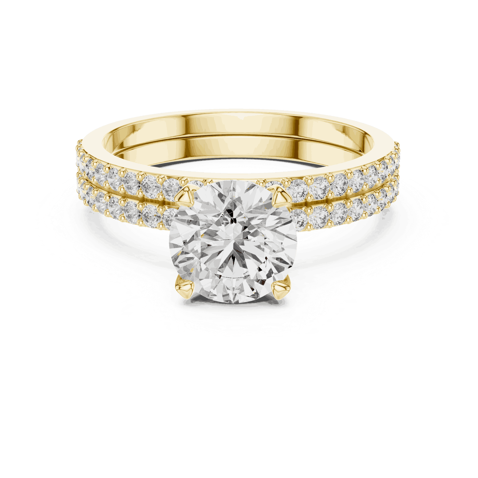 Front View: Round Brilliant Diamond Solitaire Engagement Ring with Double-Row Micro-Pavé Band in 18K Yellow Gold – Lab Grown – Driona Jewels
