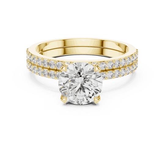 Front View: Round Brilliant Diamond Solitaire Engagement Ring with Double-Row Micro-Pavé Band in 18K Yellow Gold – Lab Grown – Driona Jewels