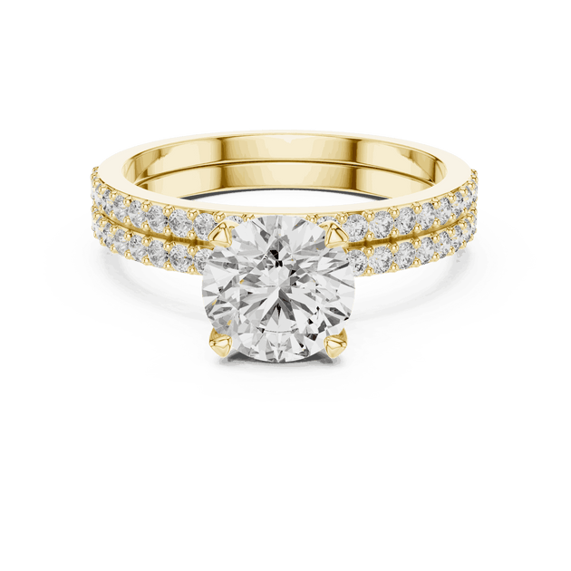 Front View: Round Brilliant Diamond Solitaire Engagement Ring with Double-Row Micro-Pavé Band in 18K Yellow Gold – Lab Grown – Driona Jewels