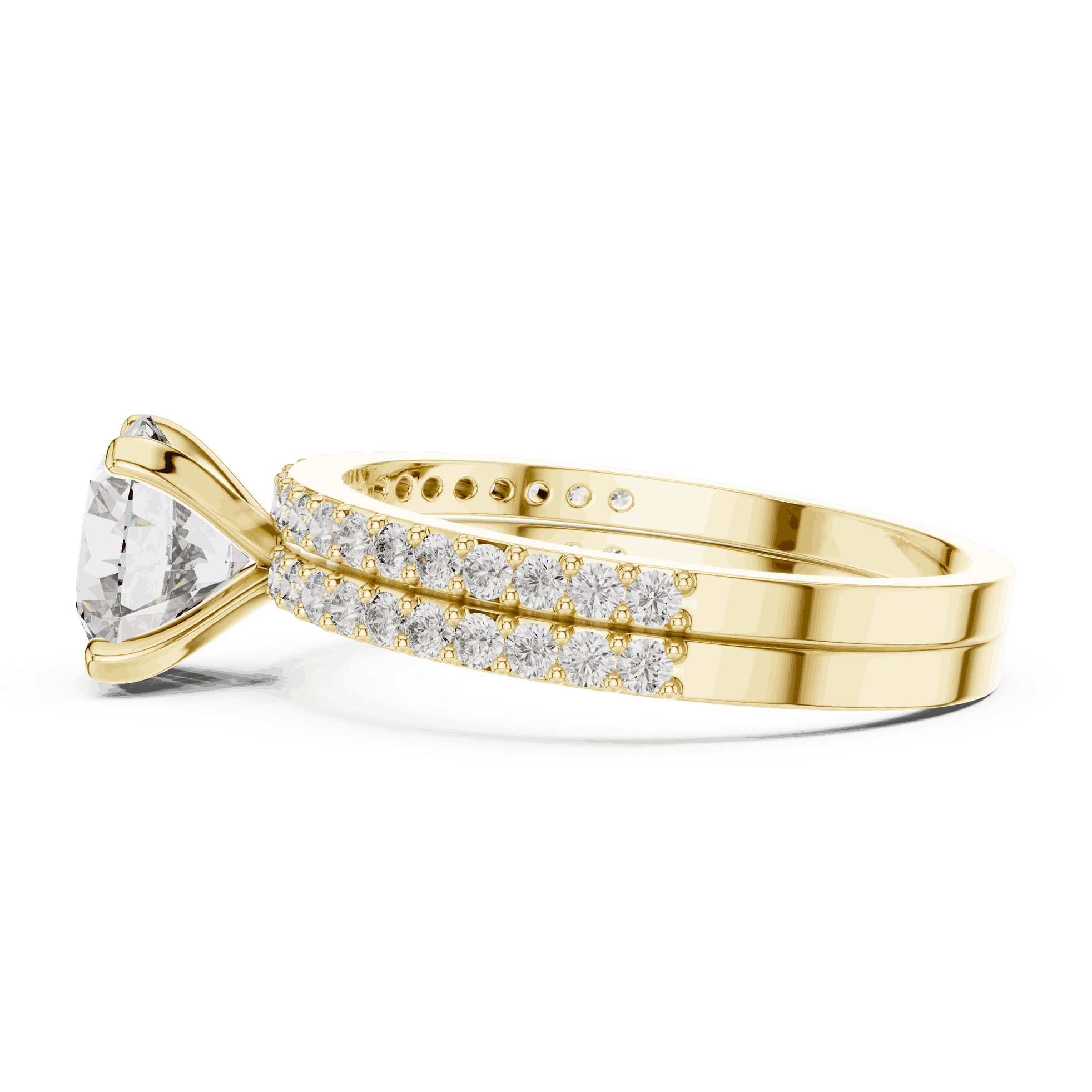 Side Profile: Round Brilliant Diamond Solitaire Engagement Ring with Double-Row Micro-Pavé Band in 18K Yellow Gold – Lab Grown – Driona Jewels