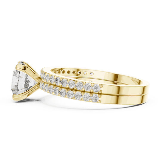 Side Profile: Round Brilliant Diamond Solitaire Engagement Ring with Double-Row Micro-Pavé Band in 18K Yellow Gold – Lab Grown – Driona Jewels