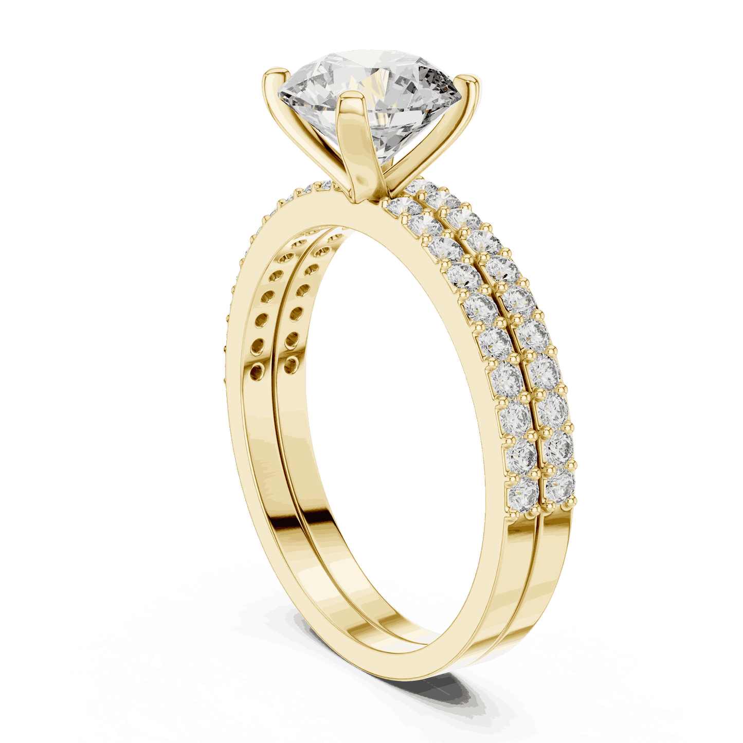 Three-Quarter View: Round Brilliant Diamond Solitaire Engagement Ring with Double-Row Micro-Pavé Band in 18K Yellow Gold – Lab Grown – Driona Jewels