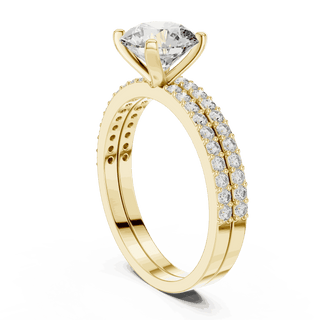 Three-Quarter View: Round Brilliant Diamond Solitaire Engagement Ring with Double-Row Micro-Pavé Band in 18K Yellow Gold – Lab Grown – Driona Jewels