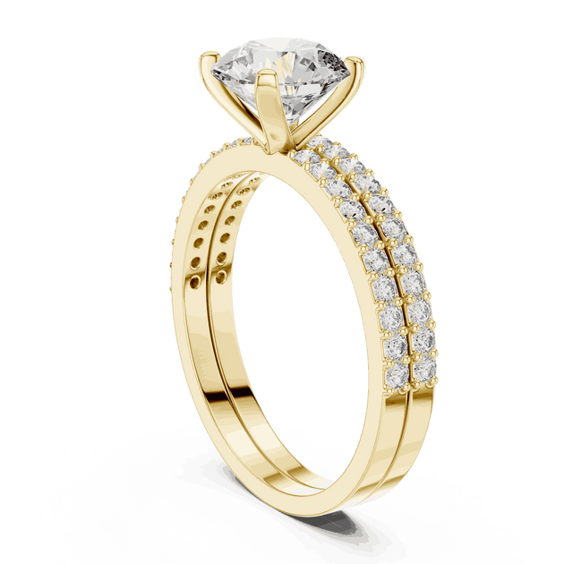 Three-Quarter View: Round Brilliant Diamond Solitaire Engagement Ring with Double-Row Micro-Pavé Band in 18K Yellow Gold – Lab Grown – Driona Jewels