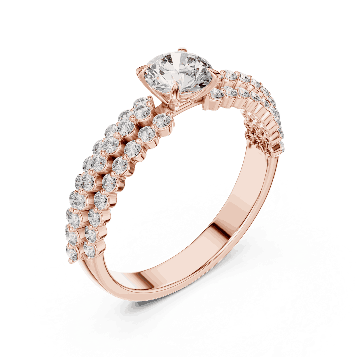 Angle View: Round Brilliant Diamond Solitaire Engagement Ring with Double-Row Pavé Band in 18K Rose Gold – Lab Grown – Driona Jewels