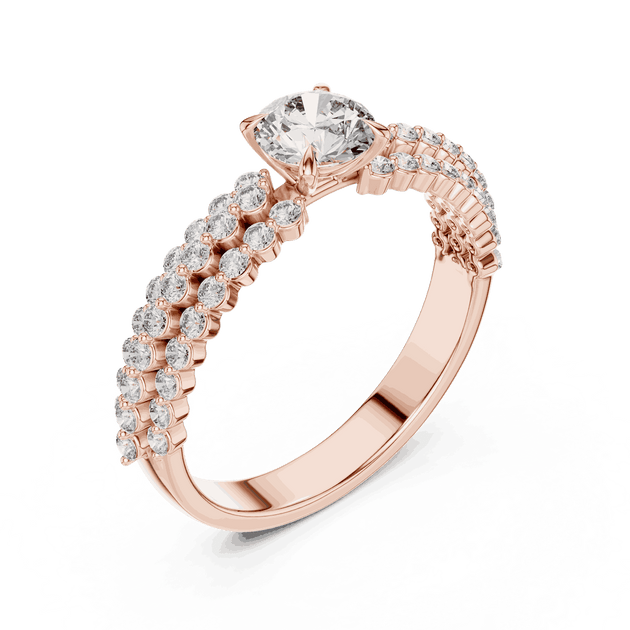 Angle View: Round Brilliant Diamond Solitaire Engagement Ring with Double-Row Pavé Band in 18K Rose Gold – Lab Grown – Driona Jewels