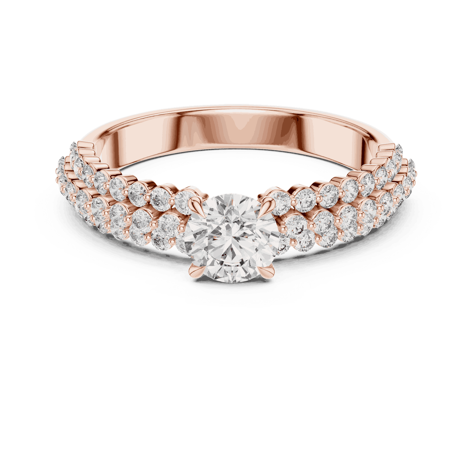 Front View: Round Brilliant Diamond Solitaire Engagement Ring with Double-Row Pavé Band in 18K Rose Gold – Lab Grown – Driona Jewels