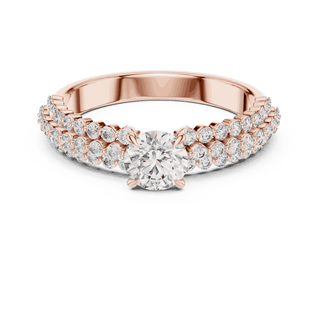 Front View: Round Brilliant Diamond Solitaire Engagement Ring with Double-Row Pavé Band in 18K Rose Gold – Lab Grown – Driona Jewels
