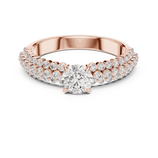 Front View: Round Brilliant Diamond Solitaire Engagement Ring with Double-Row Pavé Band in 18K Rose Gold – Lab Grown – Driona Jewels