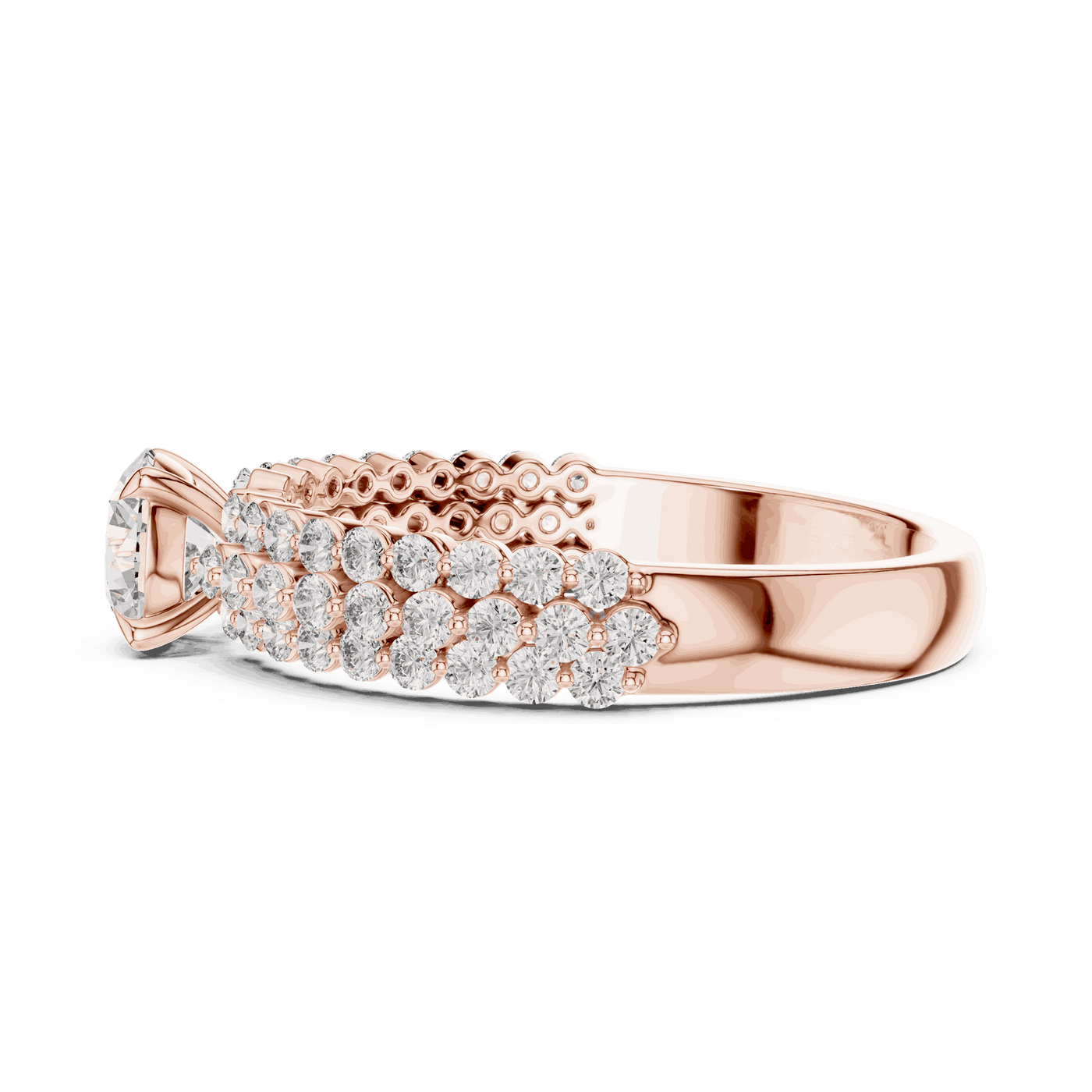 Side Profile: Round Brilliant Diamond Solitaire Engagement Ring with Double-Row Pavé Band in 18K Rose Gold – Lab Grown – Driona Jewels