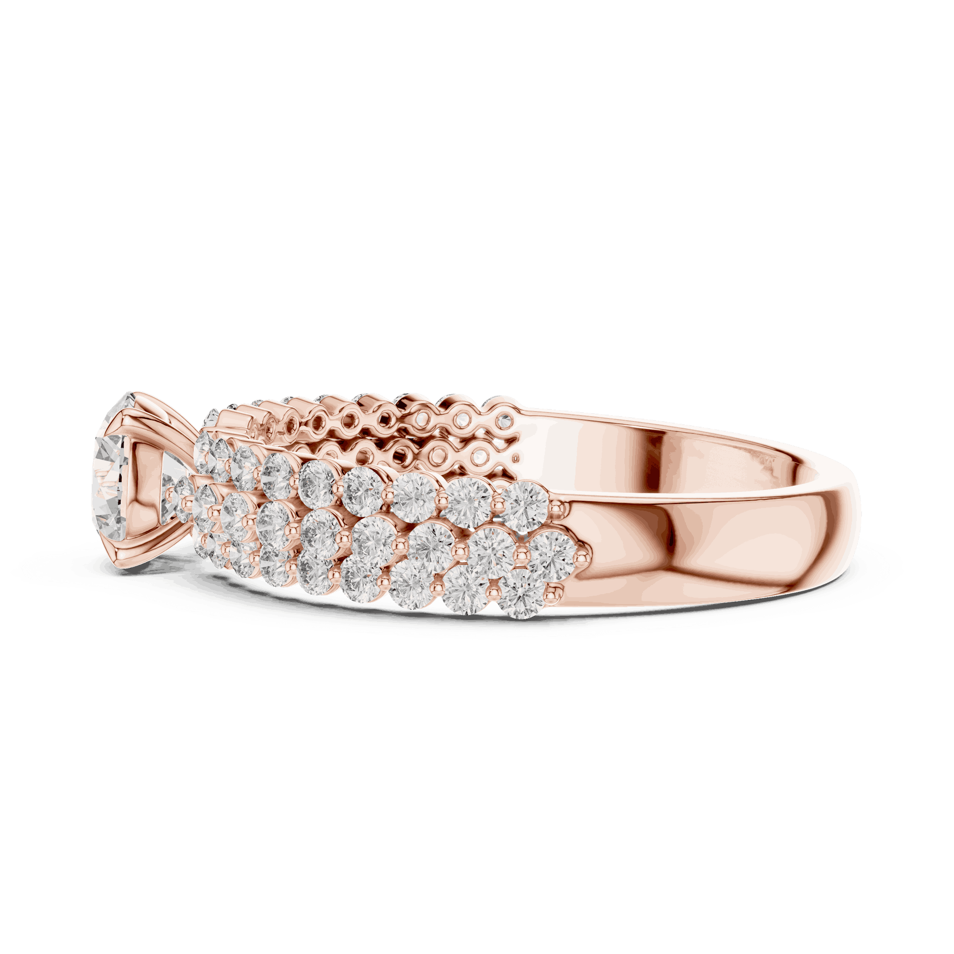 Side Profile: Round Brilliant Diamond Solitaire Engagement Ring with Double-Row Pavé Band in 18K Rose Gold – Lab Grown – Driona Jewels