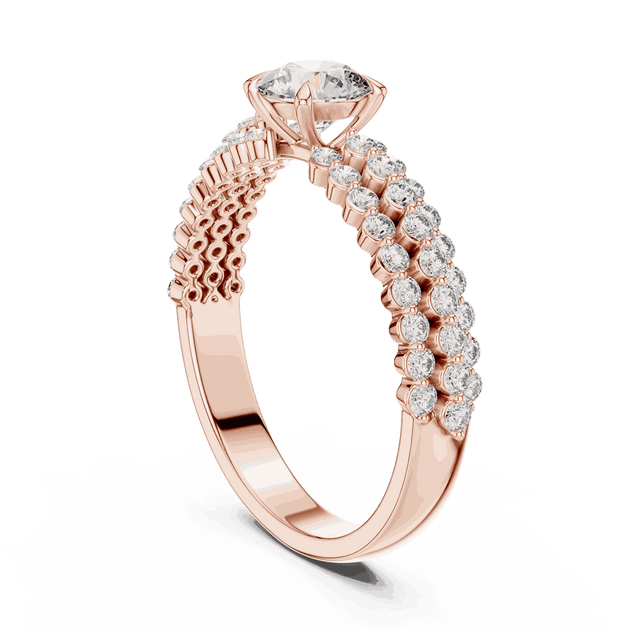 Three-Quarter View: Round Brilliant Diamond Solitaire Engagement Ring with Double-Row Pavé Band in 18K Rose Gold – Lab Grown – Driona Jewels