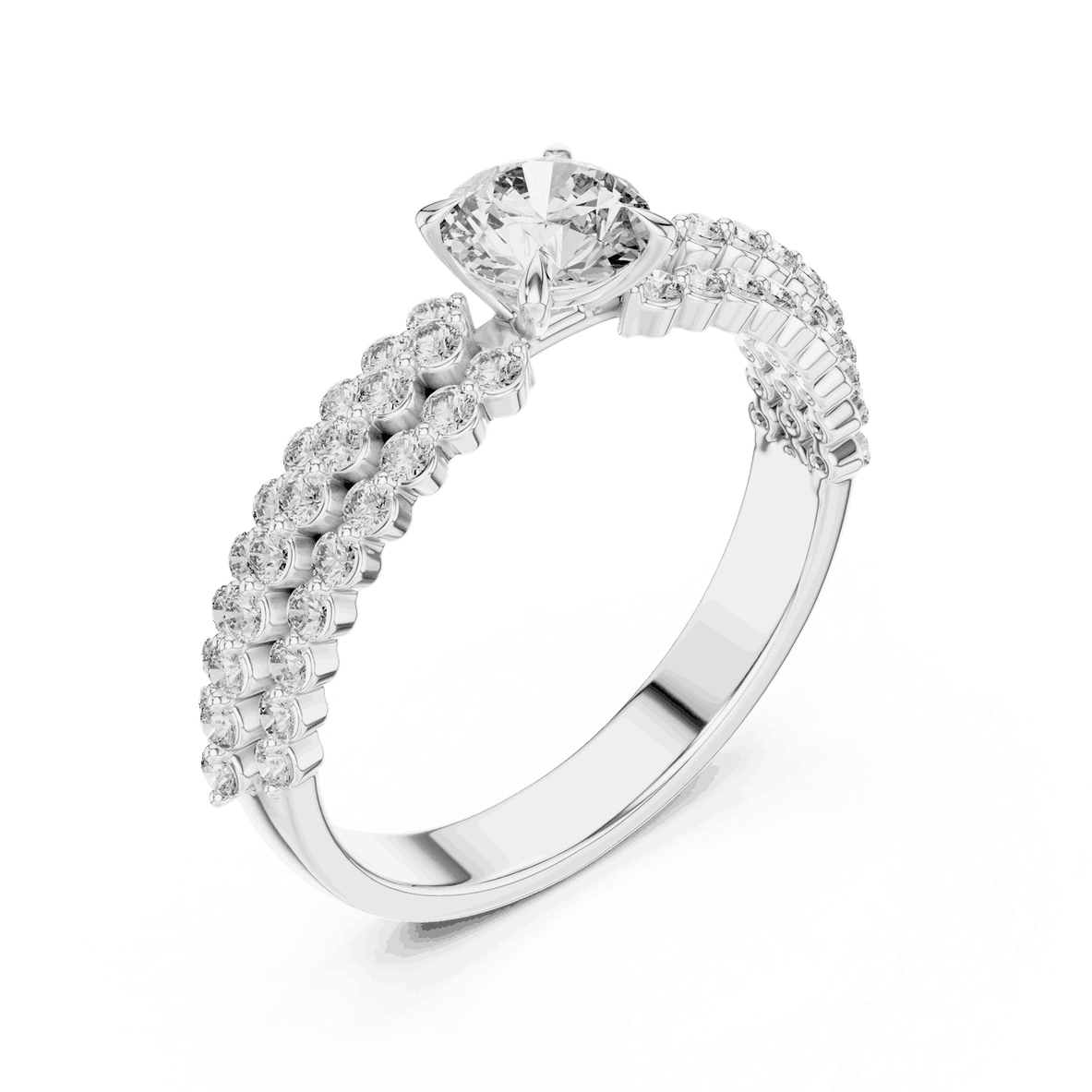 Angle View: Round Brilliant Diamond Solitaire Engagement Ring with Double-Row Pavé Band in 18K White Gold – Lab Grown – Driona Jewels