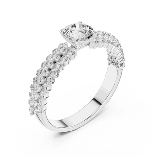 Angle View: Round Brilliant Diamond Solitaire Engagement Ring with Double-Row Pavé Band in 18K White Gold – Lab Grown – Driona Jewels