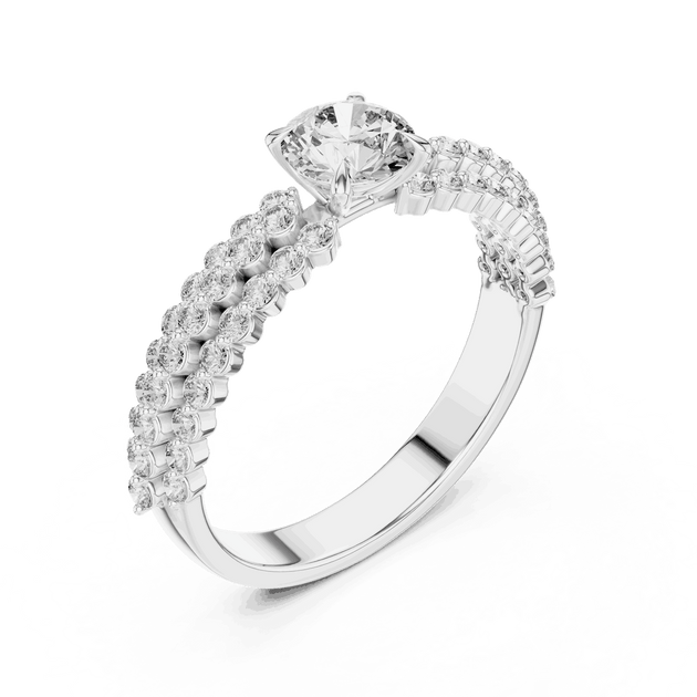 Angle View: Round Brilliant Diamond Solitaire Engagement Ring with Double-Row Pavé Band in 18K White Gold – Lab Grown – Driona Jewels