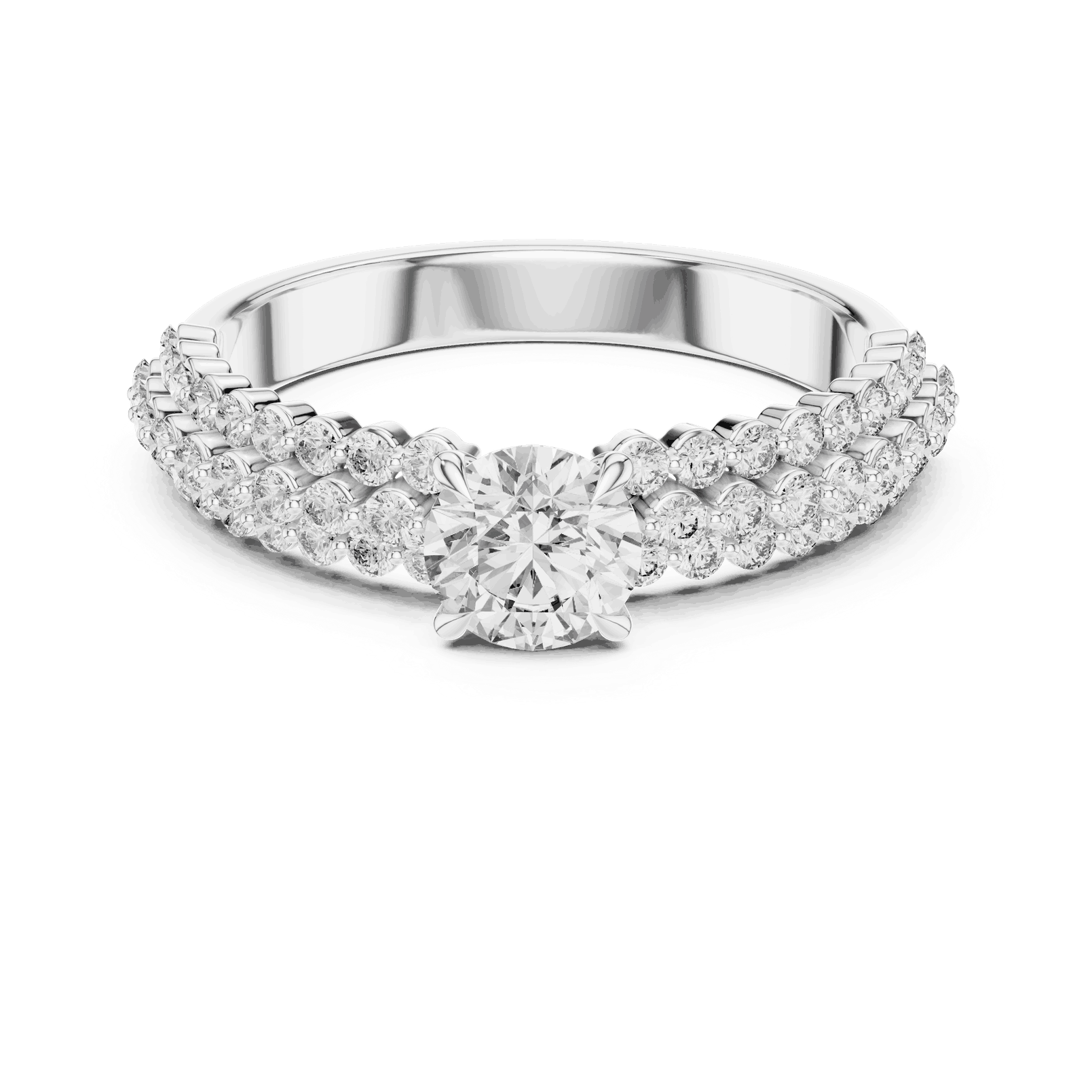 Front View: Round Brilliant Diamond Solitaire Engagement Ring with Double-Row Pavé Band in 18K White Gold – Lab Grown – Driona Jewels