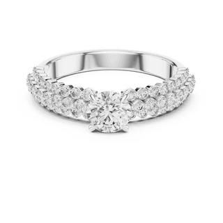 Front View: Round Brilliant Diamond Solitaire Engagement Ring with Double-Row Pavé Band in 18K White Gold – Lab Grown – Driona Jewels