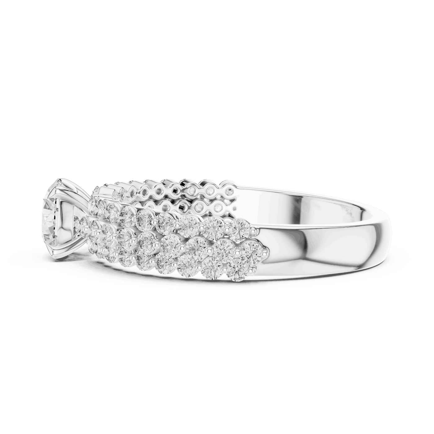 Side Profile: Round Brilliant Diamond Solitaire Engagement Ring with Double-Row Pavé Band in 18K White Gold – Lab Grown – Driona Jewels