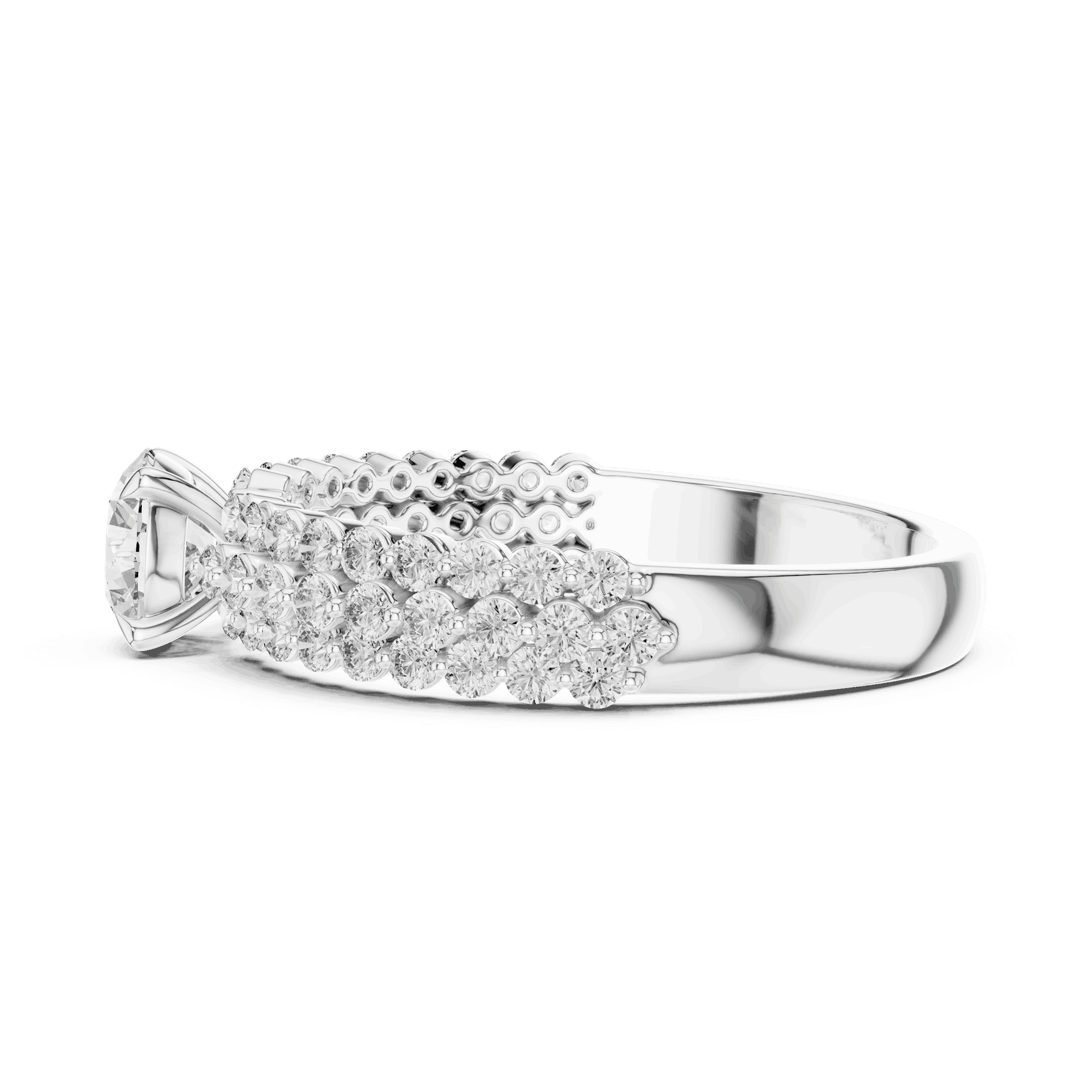 Side Profile: Round Brilliant Diamond Solitaire Engagement Ring with Double-Row Pavé Band in 18K White Gold – Lab Grown – Driona Jewels