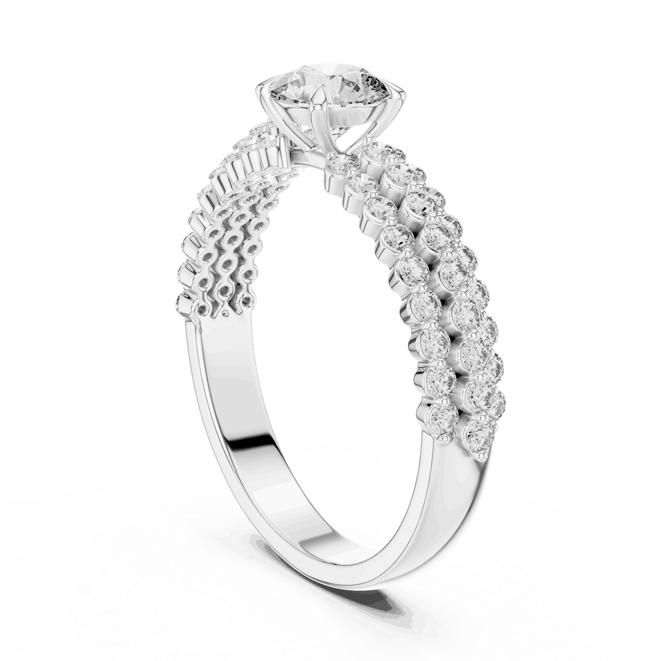 Three-Quarter View: Round Brilliant Diamond Solitaire Engagement Ring with Double-Row Pavé Band in 18K White Gold – Lab Grown – Driona Jewels