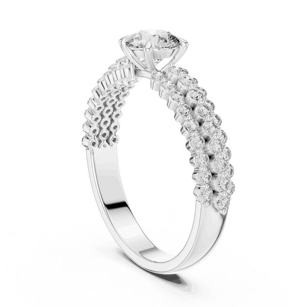 Three-Quarter View: Round Brilliant Diamond Solitaire Engagement Ring with Double-Row Pavé Band in 18K White Gold – Lab Grown – Driona Jewels