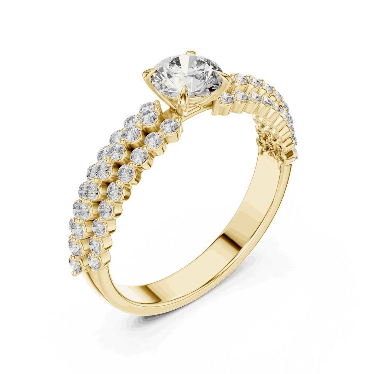Angle View: Round Brilliant Diamond Solitaire Engagement Ring with Double-Row Pavé Band in 18K Yellow Gold – Lab Grown – Driona Jewels