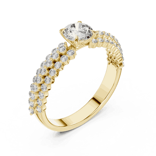 Angle View: Round Brilliant Diamond Solitaire Engagement Ring with Double-Row Pavé Band in 18K Yellow Gold – Lab Grown – Driona Jewels