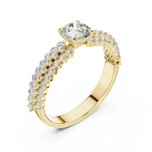 Angle View: Round Brilliant Diamond Solitaire Engagement Ring with Double-Row Pavé Band in 18K Yellow Gold – Lab Grown – Driona Jewels