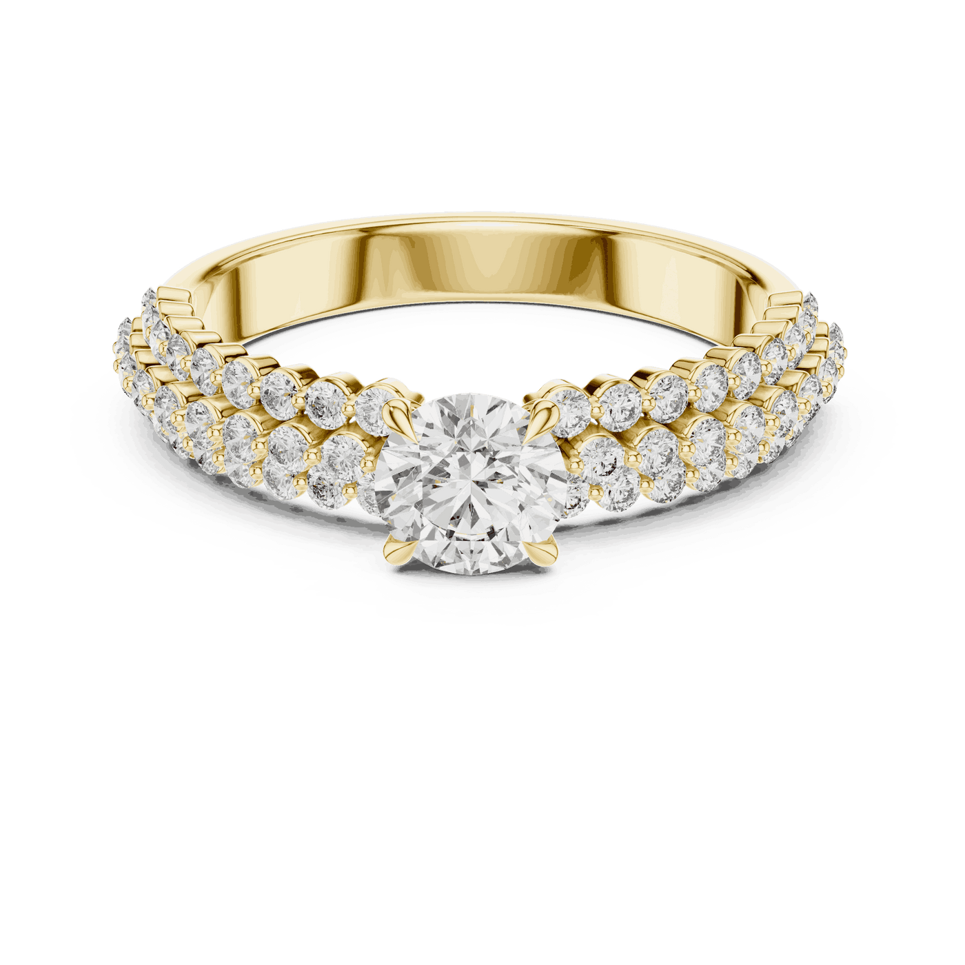 Front View: Round Brilliant Diamond Solitaire Engagement Ring with Double-Row Pavé Band in 18K Yellow Gold – Lab Grown – Driona Jewels