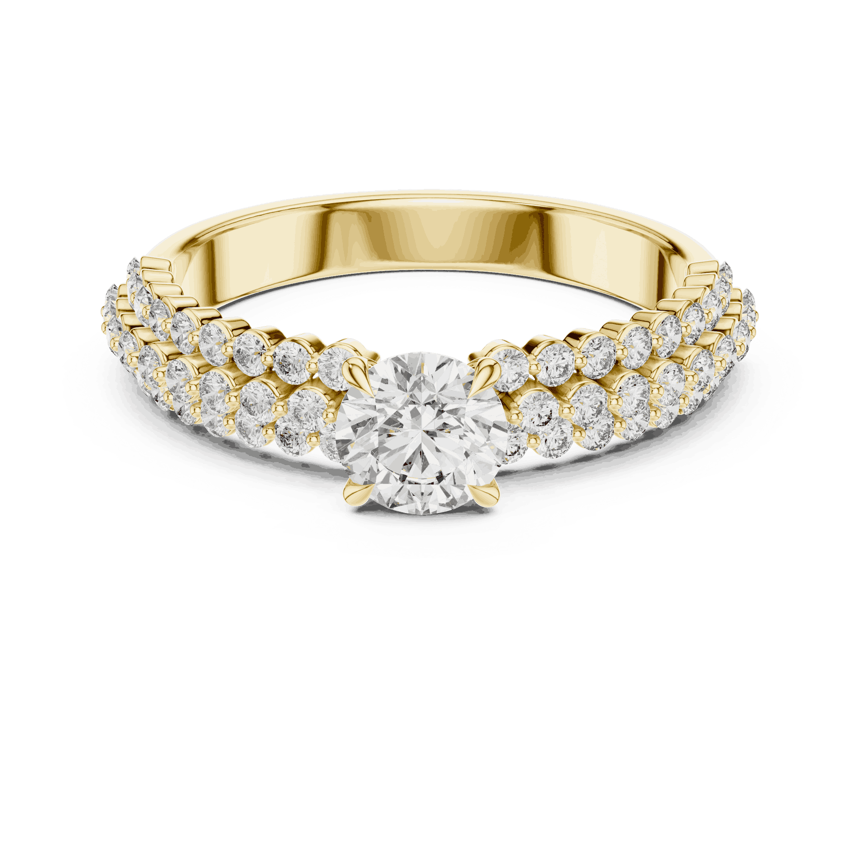 Front View: Round Brilliant Diamond Solitaire Engagement Ring with Double-Row Pavé Band in 18K Yellow Gold – Lab Grown – Driona Jewels