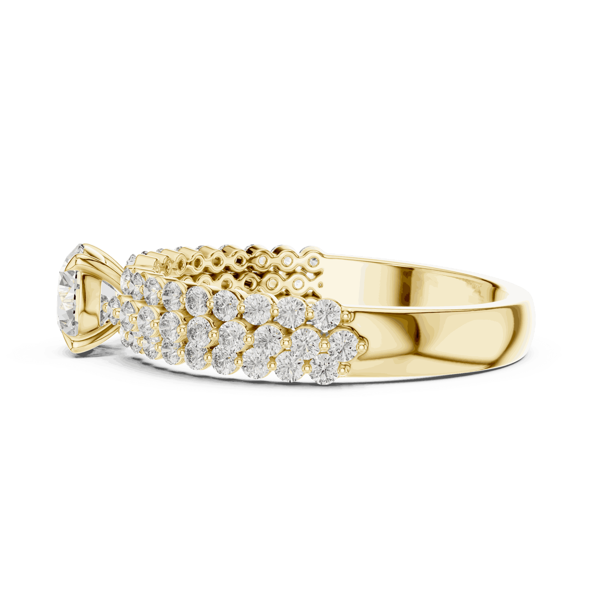 Side Profile: Round Brilliant Diamond Solitaire Engagement Ring with Double-Row Pavé Band in 18K Yellow Gold – Lab Grown – Driona Jewels