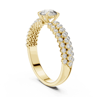 Three-Quarter View: Round Brilliant Diamond Solitaire Engagement Ring with Double-Row Pavé Band in 18K Yellow Gold – Lab Grown – Driona Jewels
