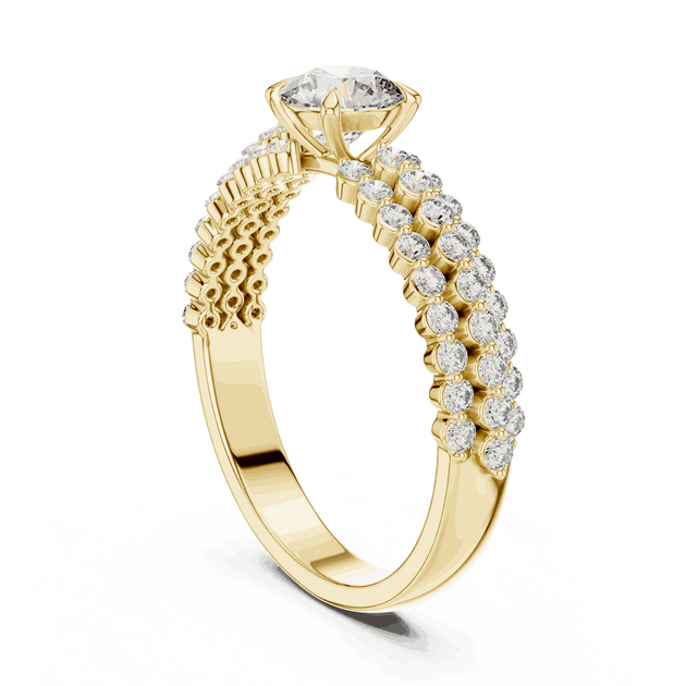 Three-Quarter View: Round Brilliant Diamond Solitaire Engagement Ring with Double-Row Pavé Band in 18K Yellow Gold – Lab Grown – Driona Jewels