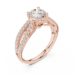 Angle View: Round Brilliant Diamond Solitaire Engagement Ring with Micro-Pavé Split Shank in 18K Rose Gold – Lab Grown – Driona Jewels