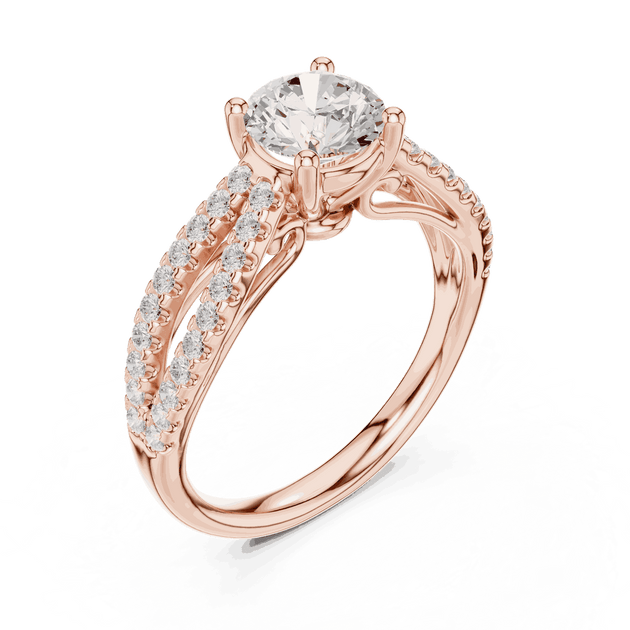 Angle View: Round Brilliant Diamond Solitaire Engagement Ring with Micro-Pavé Split Shank in 18K Rose Gold – Lab Grown – Driona Jewels