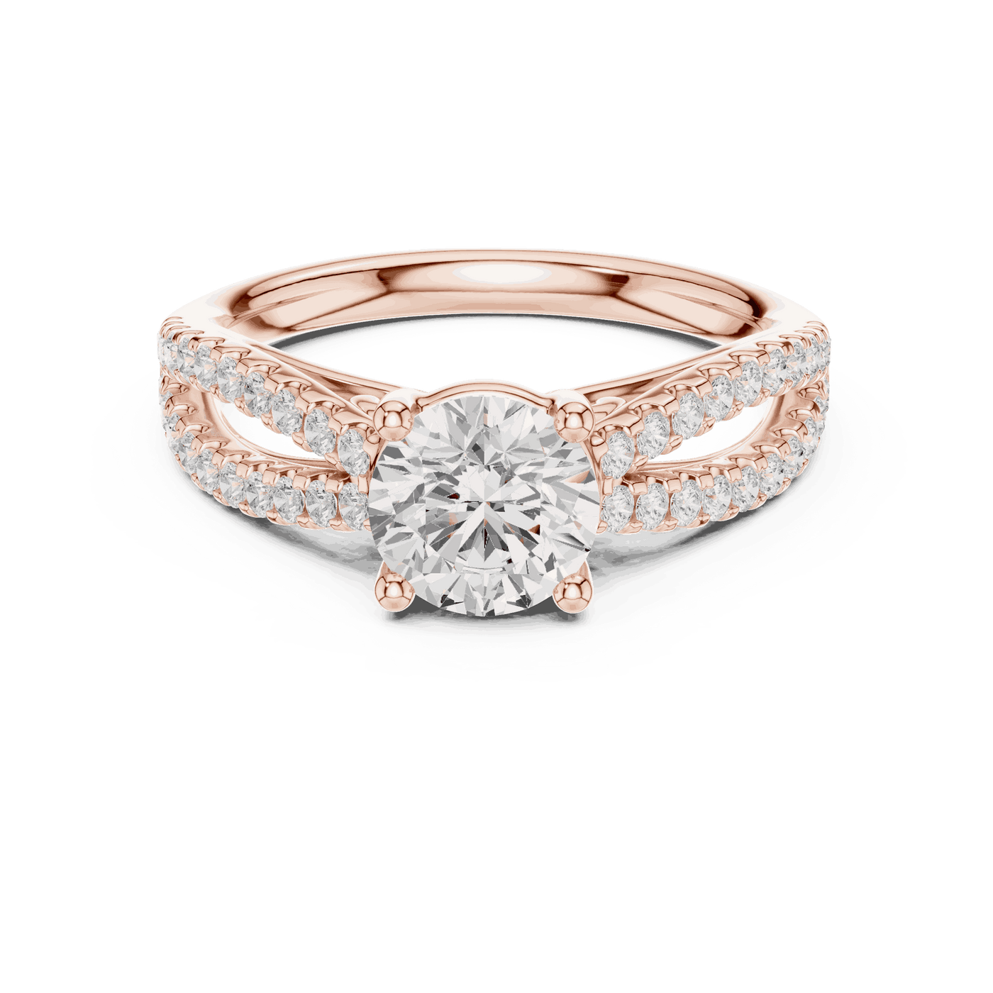 Front View: Round Brilliant Diamond Solitaire Engagement Ring with Micro-Pavé Split Shank in 18K Rose Gold – Lab Grown – Driona Jewels