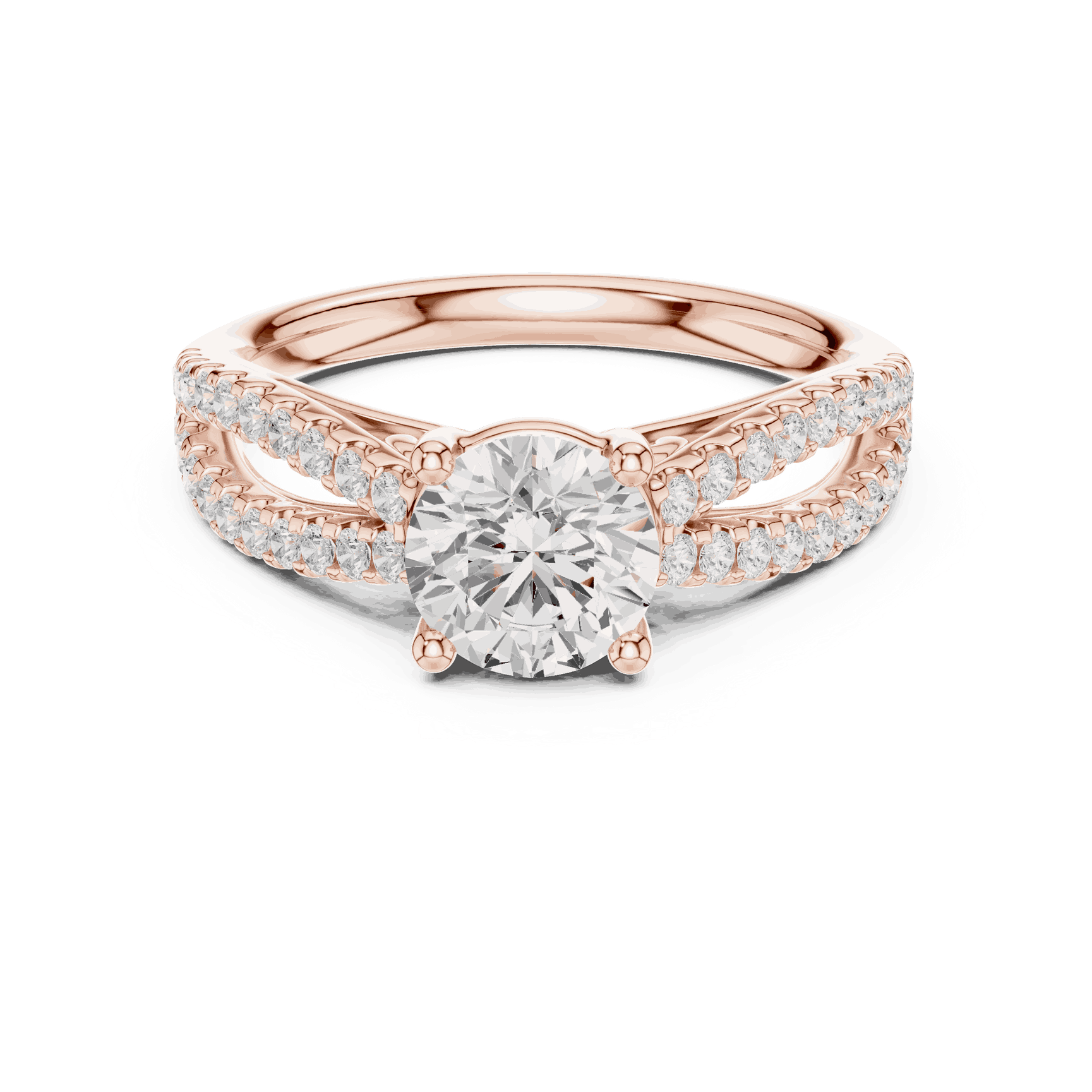 Front View: Round Brilliant Diamond Solitaire Engagement Ring with Micro-Pavé Split Shank in 18K Rose Gold – Lab Grown – Driona Jewels
