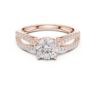 Front View: Round Brilliant Diamond Solitaire Engagement Ring with Micro-Pavé Split Shank in 18K Rose Gold – Lab Grown – Driona Jewels