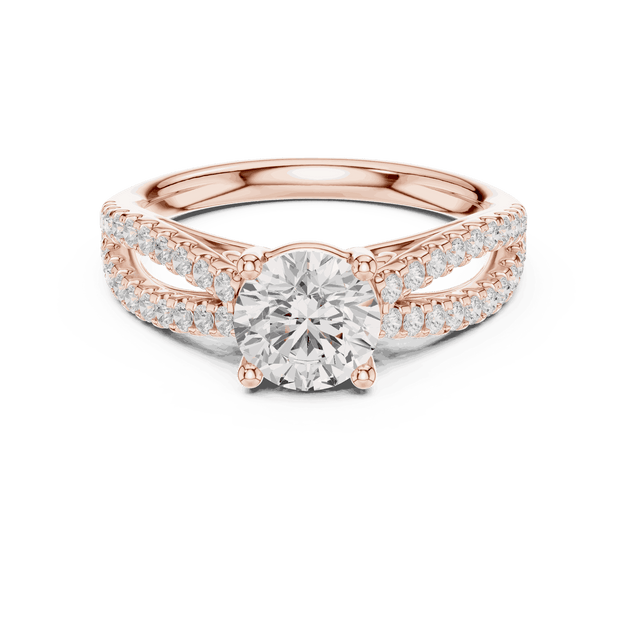 Front View: Round Brilliant Diamond Solitaire Engagement Ring with Micro-Pavé Split Shank in 18K Rose Gold – Lab Grown – Driona Jewels