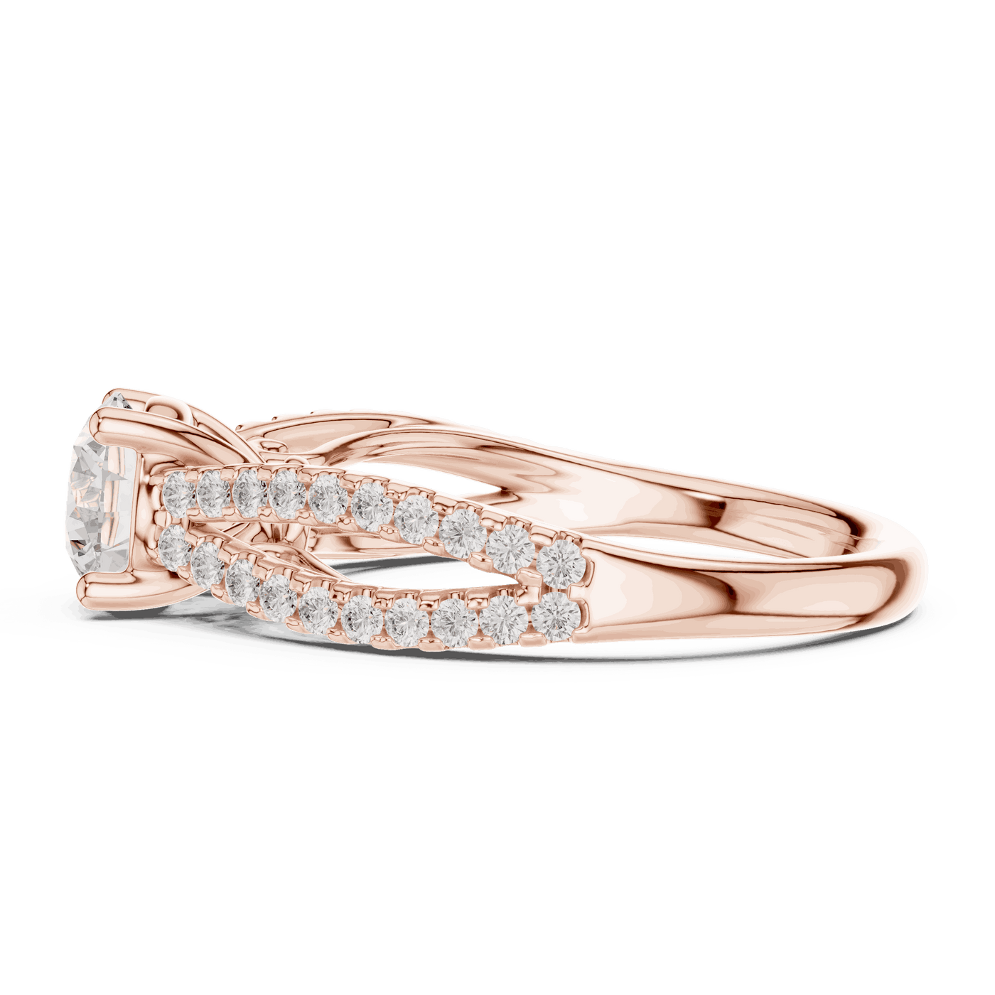 Side Profile: Round Brilliant Diamond Solitaire Engagement Ring with Micro-Pavé Split Shank in 18K Rose Gold – Lab Grown – Driona Jewels