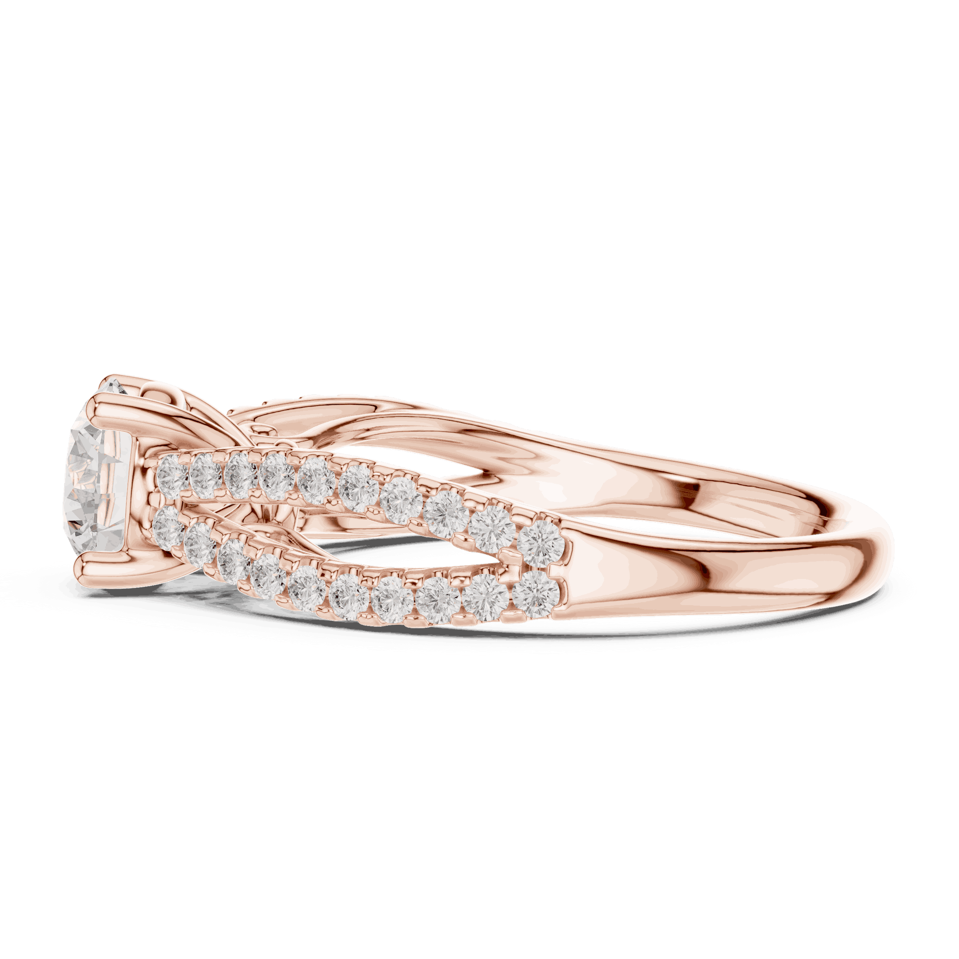 Side Profile: Round Brilliant Diamond Solitaire Engagement Ring with Micro-Pavé Split Shank in 18K Rose Gold – Lab Grown – Driona Jewels