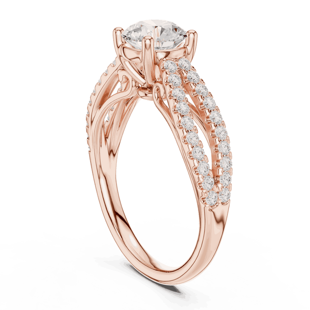 Three-Quarter View: Round Brilliant Diamond Solitaire Engagement Ring with Micro-Pavé Split Shank in 18K Rose Gold – Lab Grown – Driona Jewels