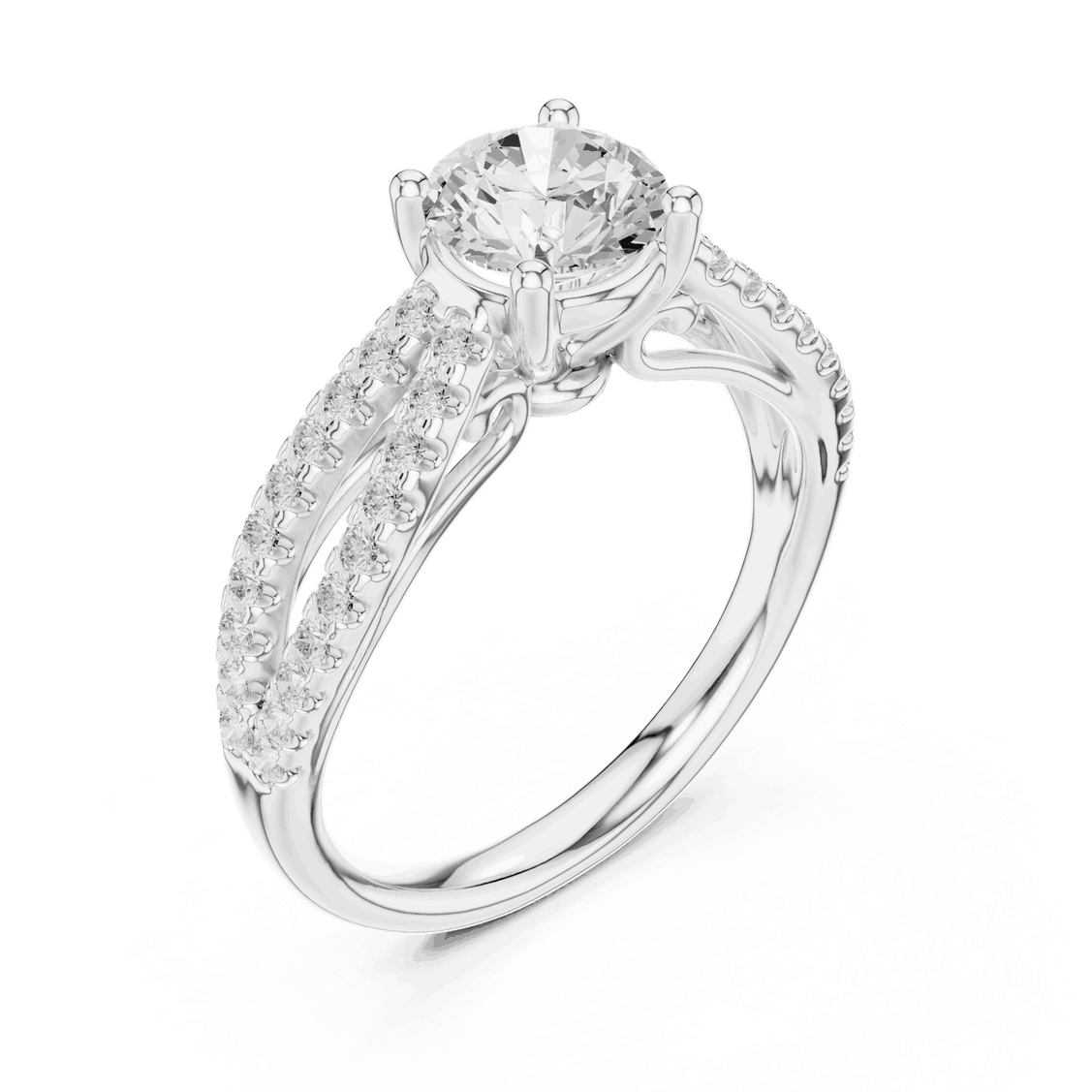 Angle View: Round Brilliant Diamond Solitaire Engagement Ring with Micro-Pavé Split Shank in 18K White Gold – Lab Grown – Driona Jewels