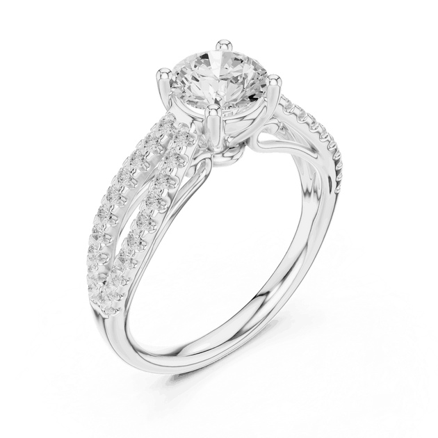 Angle View: Round Brilliant Diamond Solitaire Engagement Ring with Micro-Pavé Split Shank in 18K White Gold – Lab Grown – Driona Jewels