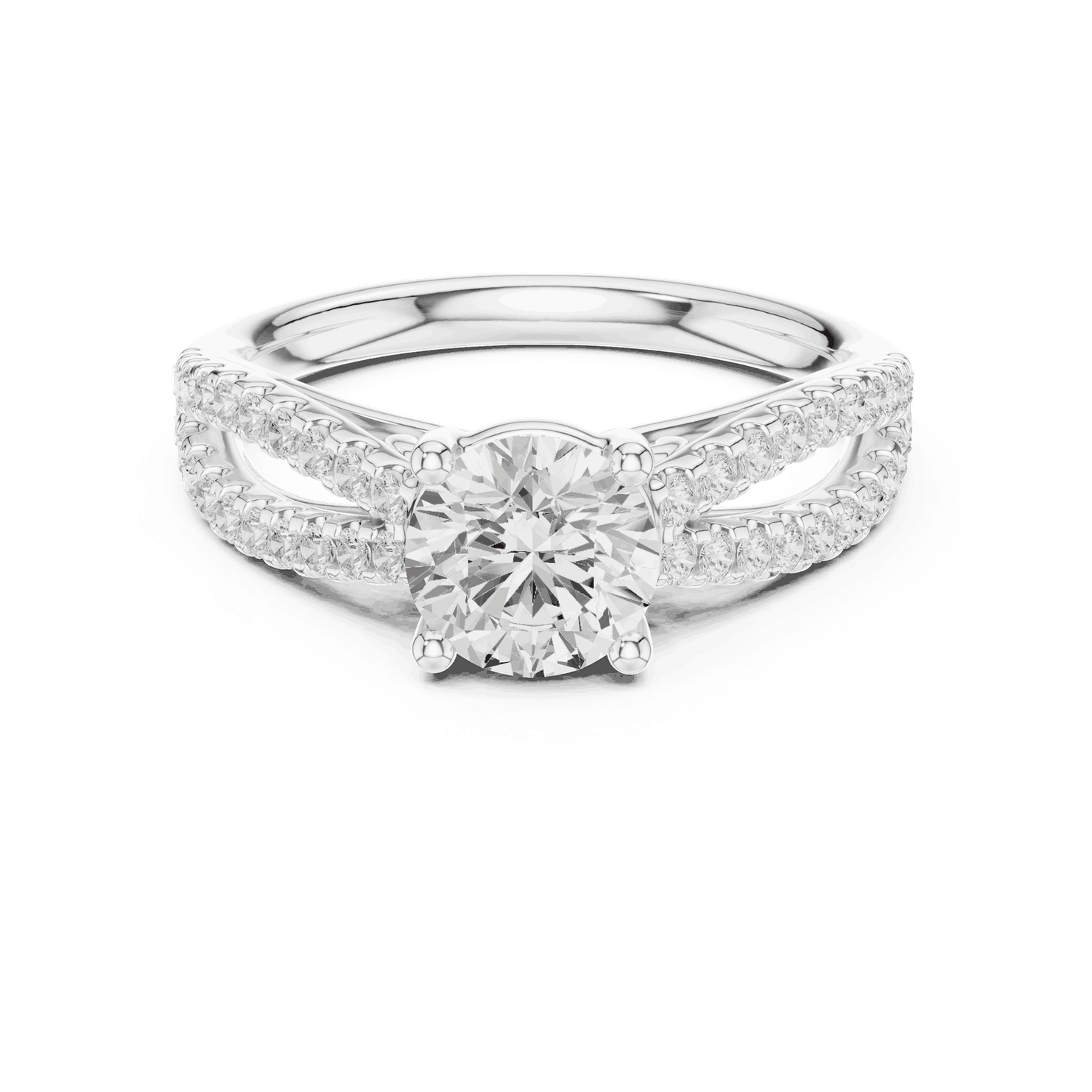 Front View: Round Brilliant Diamond Solitaire Engagement Ring with Micro-Pavé Split Shank in 18K White Gold – Lab Grown – Driona Jewels